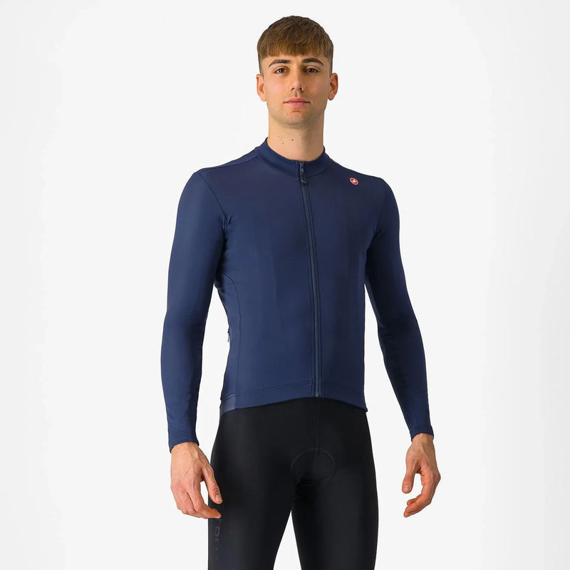 Chargez l'image dans la visionneuse de la galerie, CASTELLI Jersey LS Espresso Thermal in Belgian Blue, luxuriously soft and warm, with fleece-lined fabric and reflective tab.