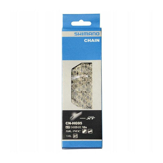 SHIMANO Chain CN-HG95 10-speed 138L Silver for 2/3-speed cranksets packaging.