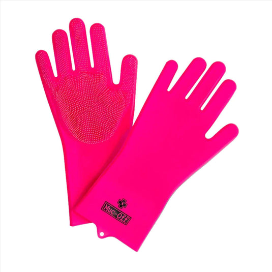 Pink silicone deep scrubber gloves with flexible bristles for cleaning bikes and equipment.