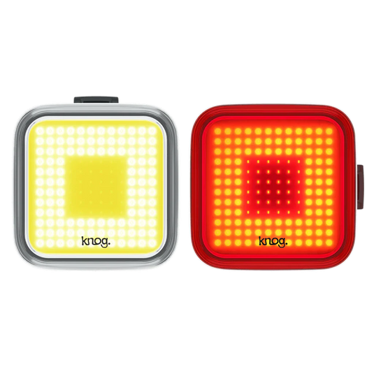 KNOG Blinder Square Twinpack bike lights with USB rechargeability and waterproof design.