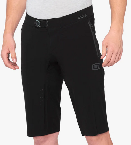 100% Short Celium Black mountain biking shorts with BOA Fit System and durable nylon/spandex fabric.
