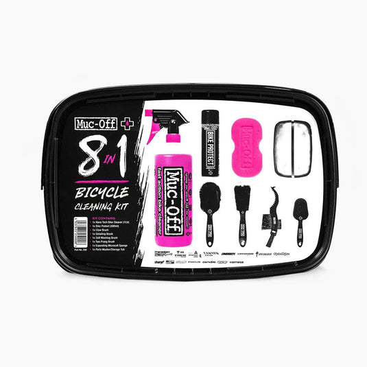 Muc-Off 8-In-One Bicycle Cleaning Kit with brushes and cleaner for bike maintenance.