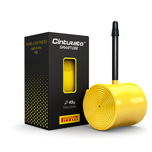 PIRELLI SmarTube Cinturato Presta 60mm 700x33-45C Yellow inner tube with packaging.