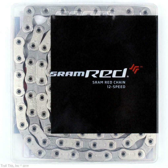 SRAM Chain RED 12-speed 114L Silver in packaging showcasing flat-top technology and chrome-coated finish.