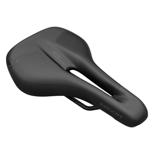 ERGON Saddle SF Sport Gel Lady Black with ergonomic design and relief channel.