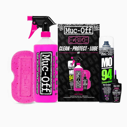 Muc-Off eBike Protect & Lube Kit with cleaner, lube, spray, and sponge for electric bike maintenance.