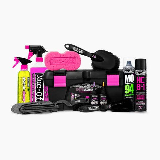 MUC-OFF Ultimate Bicycle Kit with cleaning sprays, brushes, and lubricants for eBikes.