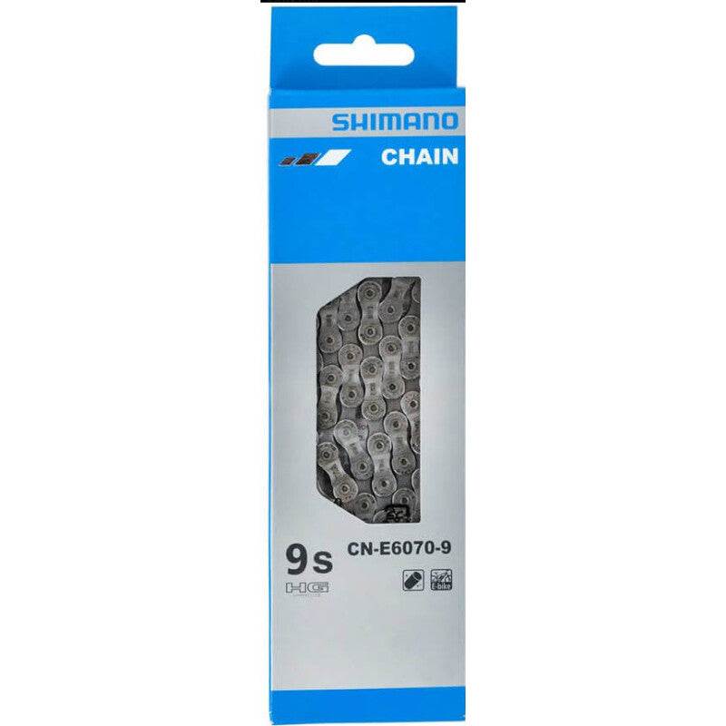 Load image into Gallery viewer, SHIMANO Chain CN-E6070 HG 9-speed 126L Silver packaging for E-bike use.