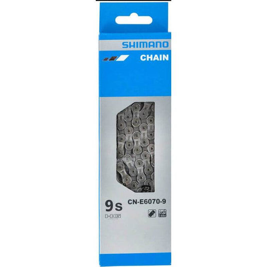 SHIMANO Chain CN-E6070 HG 9-speed 126L Silver packaging for E-bike use.