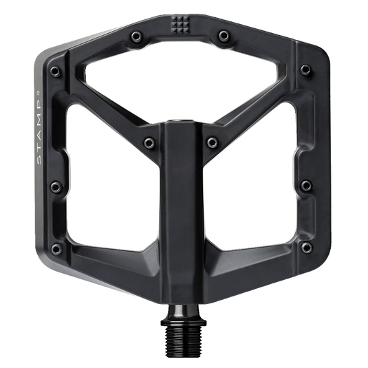 CRANKBROTHERS Flat Pedal Stamp 2 Large with aluminum platform, concave body, and adjustable pins for optimal grip.