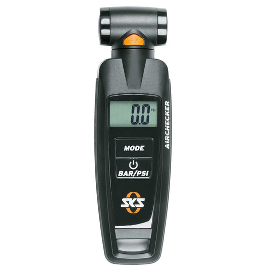 Compact SKS Manometer Airchecker with digital display, pressure release button, and rotatable valve head for Schrader and Presta valves.