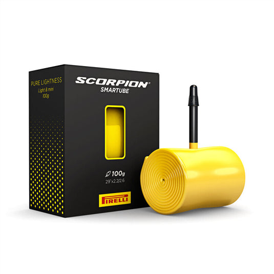 PIRELLI Smartube Scorpion Presta 42mm Yellow inner tube with packaging.