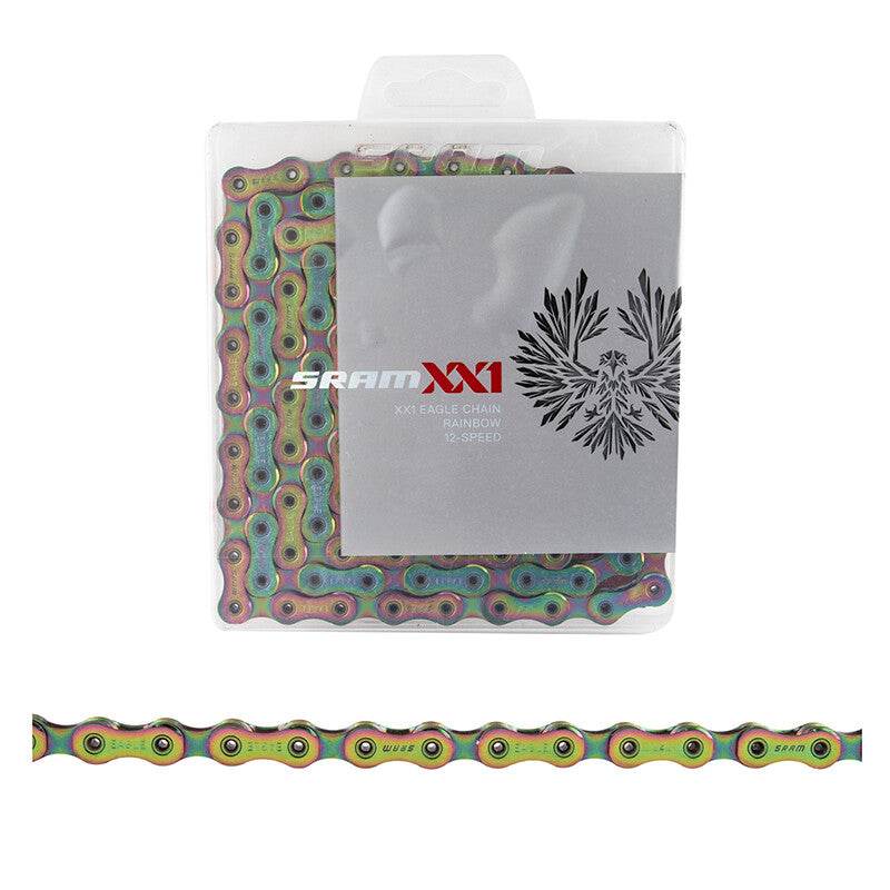 Chargez l'image dans la visionneuse de la galerie, SRAM Chain XX1 Eagle PC 1290 Powerlock 12-speed rainbow packaging showing colorful links and durability features.
