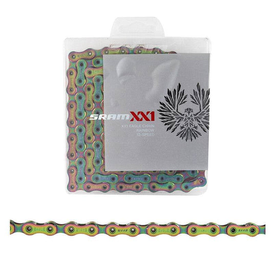 SRAM Chain XX1 Eagle PC 1290 Powerlock 12-speed rainbow packaging showing colorful links and durability features.