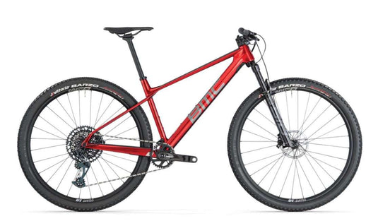 BMC Bike Twostroke 01 ONE in metallic red with carbon frame and wide tire clearance.
