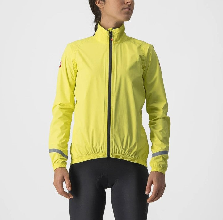 Load image into Gallery viewer, Bright yellow CASTELLI Rain Jacket Emergency 2 for women, offering waterproof protection and 360° reflectivity.