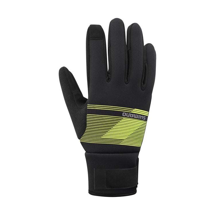 Load image into Gallery viewer, SHIMANO Unisex Windbreak Thermal Gloves in Neon Yellow with touchscreen compatibility and reflective elements.