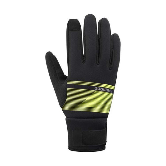 SHIMANO Unisex Windbreak Thermal Gloves in Neon Yellow with touchscreen compatibility and reflective elements.