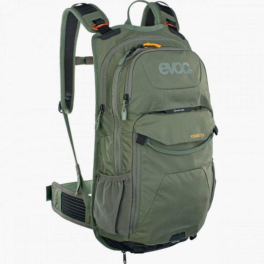 EVOC Backpack Stage 12L in green, featuring adjustable shoulder straps and multiple compartments for biking.