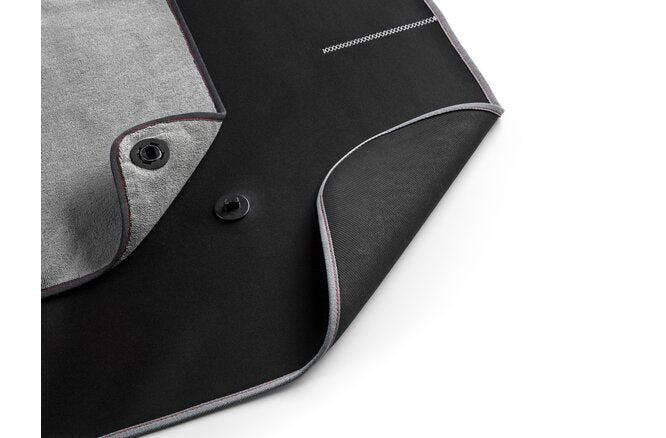 Load image into Gallery viewer, ELITE Mat DRY Black with removable insert and Velcro fasteners for indoor cycling, offers superior grip and floor protection.