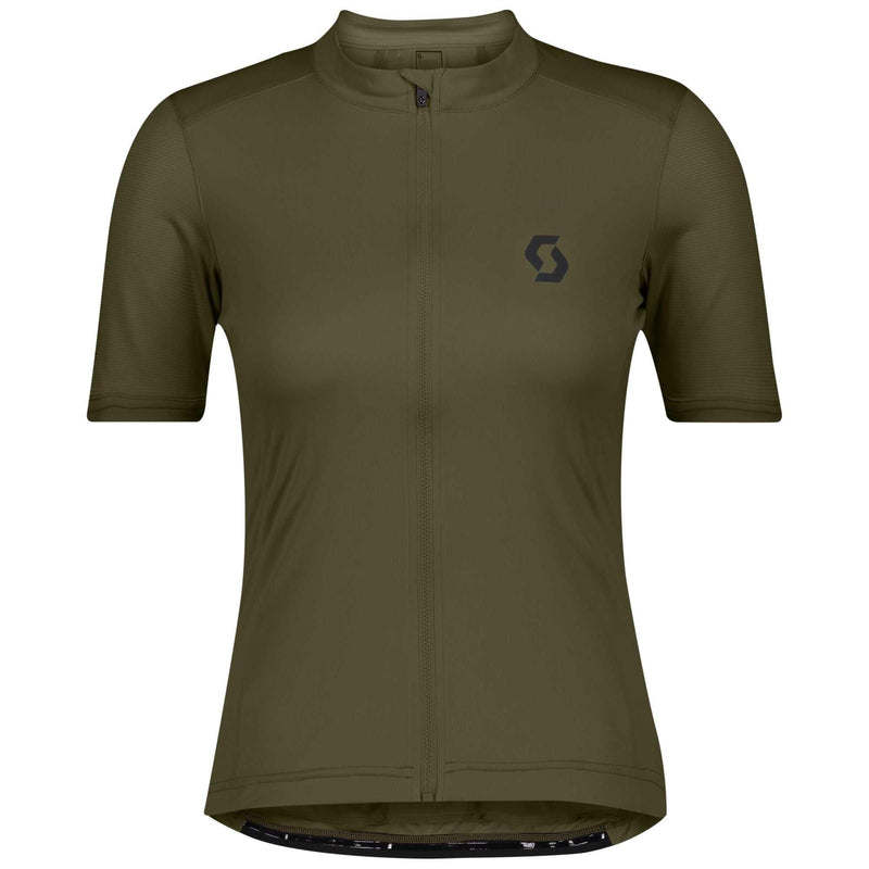 Load image into Gallery viewer, Women's fir green cycling shirt with full zip, breathable fabric, and back pockets.