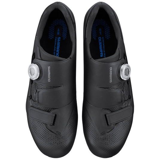 SHIMANO Shoes Road SH-RC5 SPD-SL Black with BOA L6 closure and carbon fiber reinforced midsole.