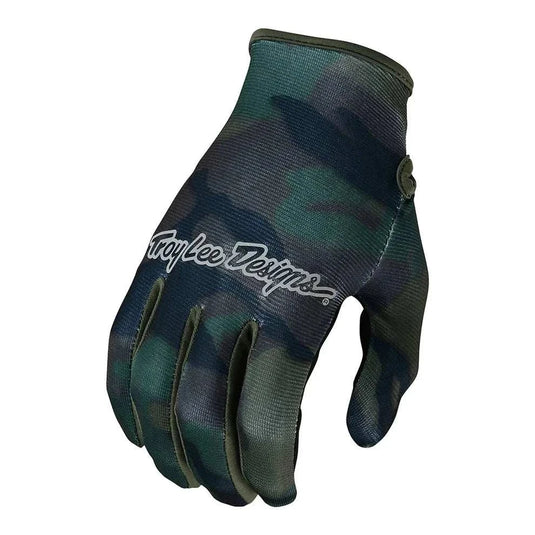TROY LEE Gloves Flowline Brushed Camo Army with adjustable velcro cuff and breathable design.