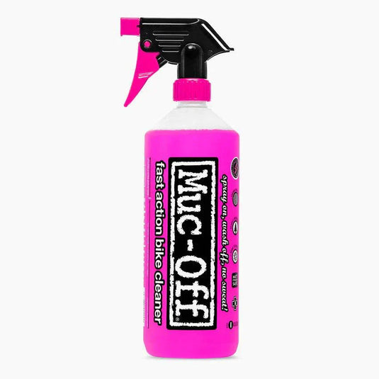 Pink bottle of MUC-OFF Nano Tech Bike Cleaner 1L with spray nozzle.