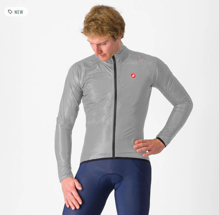 Load image into Gallery viewer, CASTELLI WaterJacket Squall Shell Jacket in Silver Grey/Black, lightweight and packable, modeled on cyclist.