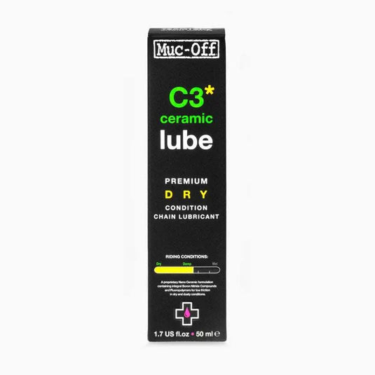 Muc-Off Lube C3 Dry Ceramic Lube packaging, premium dry chain lubricant, 50ml.