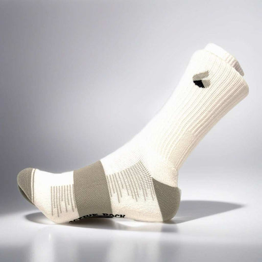 Active Rock Tennis Crew Lite socks in white and grey, engineered for ultimate comfort, performance, and ventilation.