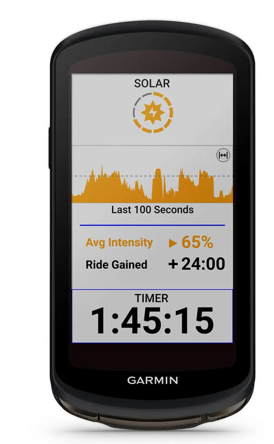 GARMIN GPS Edge 1040 Solar bike computer with solar charging display.