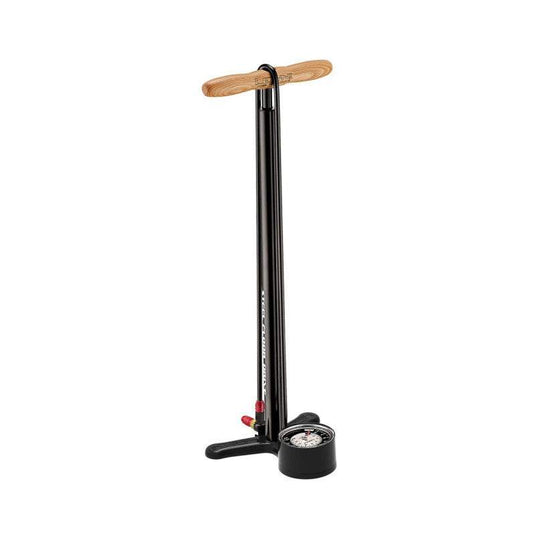 Lezyne Steel Floor Drive Tall Pump with wood handle and analog gauge.