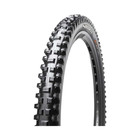 MAXXIS Tire Shorty 27.5 x 2.40 II WT with strong shoulder lugs and slotted tread pattern for enhanced braking and cornering.