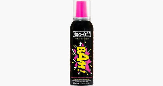 Muc-Off Repair and Inflate Spray BAM 125ml with pink cap, for tubeless tyre puncture repair.