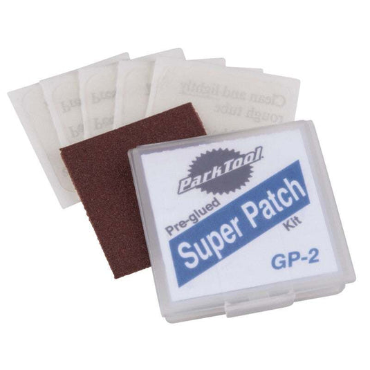 PARKTOOL GP-2 Super Patch Kit with self-adhesive patches and sandpaper for quick inner tube repairs.