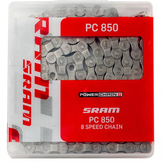 SRAM Chain PC850 8-speed 114L PowerLink, compatible with SRAM and Shimano, in retail packaging.