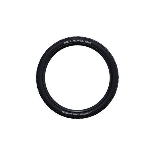 SCHWALBE Tire Smart Sam Plus 27.5 x 2.35 with Green Guard and reflective stripe for visibility.