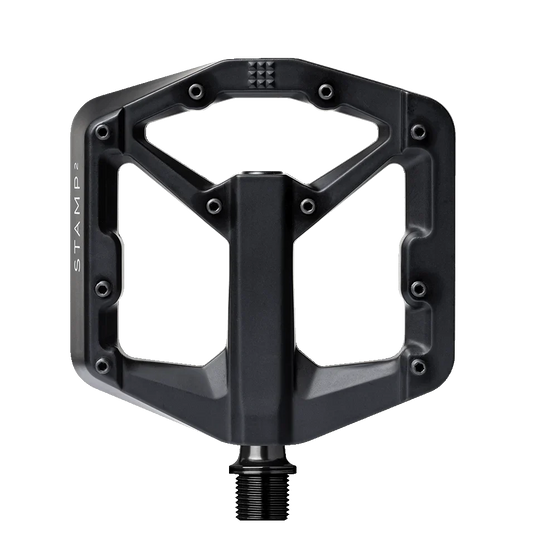 CRANKBROTHERS Flat Pedal Stamp 2 Small with size-specific platform and adjustable pins for grip.