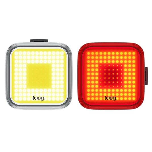 KNOG Blinder Square Twinpack bike lights with USB rechargeability and waterproof design.