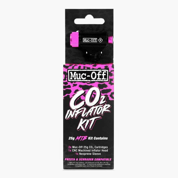 Muc-Off Cartridge CO2 Inflator Kit MTB packaging with inflator head and cartridges.