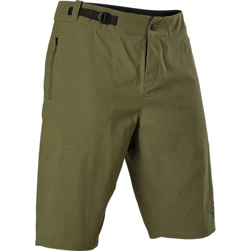 Olive green Fox Ranger lined mountain bike shorts with TruMotion stretch fabric and removable liner.