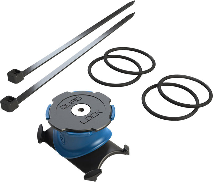 QUAD LOCK Mount Handlebar / Stem Mount with O-rings and cable ties for secure smartphone attachment on bikes.