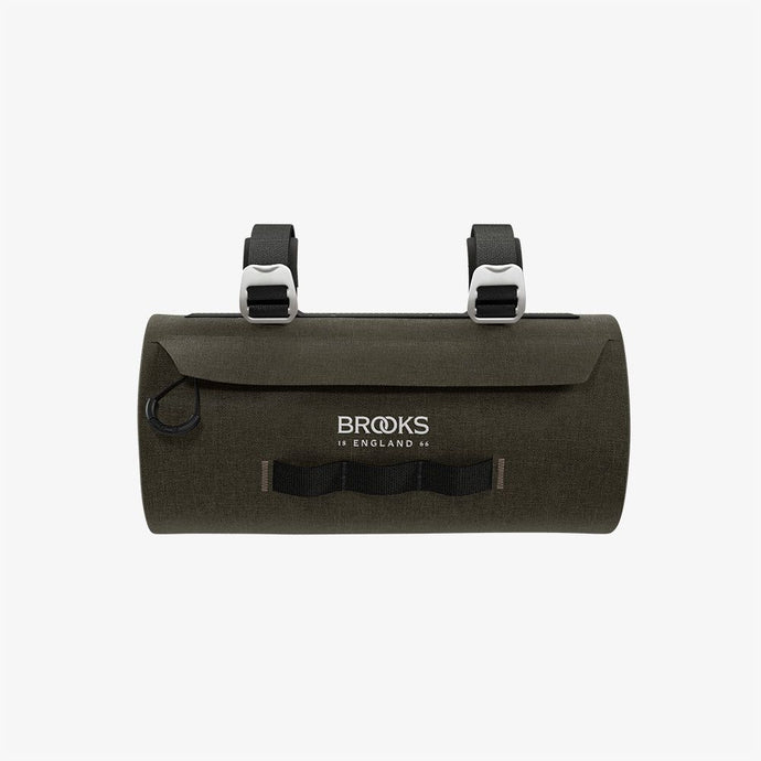 BROOKS Bag Scape Handlebar Pouch 3L Black, waterproof cycling bag with reflective logo and aluminum buckles.