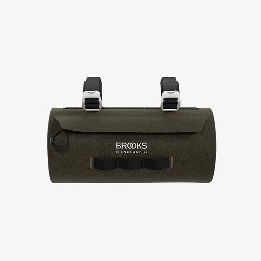 BROOKS Bag Scape Handlebar Pouch 3L Black, waterproof cycling bag with reflective logo and aluminum buckles.