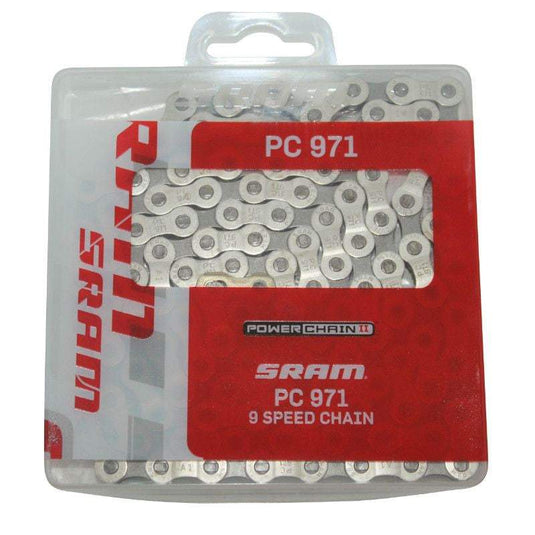 SRAM Chain PC-971 Power 9-speed 114L in packaging with nickel-plated and gray plates.