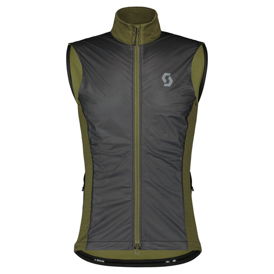 SCOTT Vest Gravel Warm Merino Men in Fir Green and Black with insulation, wind resistance, and reflective details.