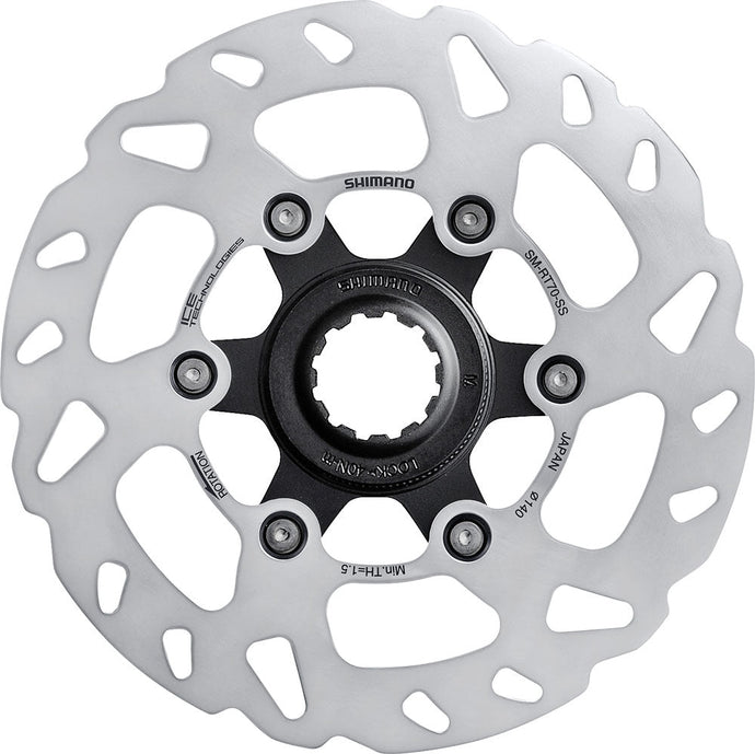 SHIMANO Disc Brake Rotor SLX SM-RT70 140mm Center Lock with ICE TECHNOLOGIES for superior braking performance.