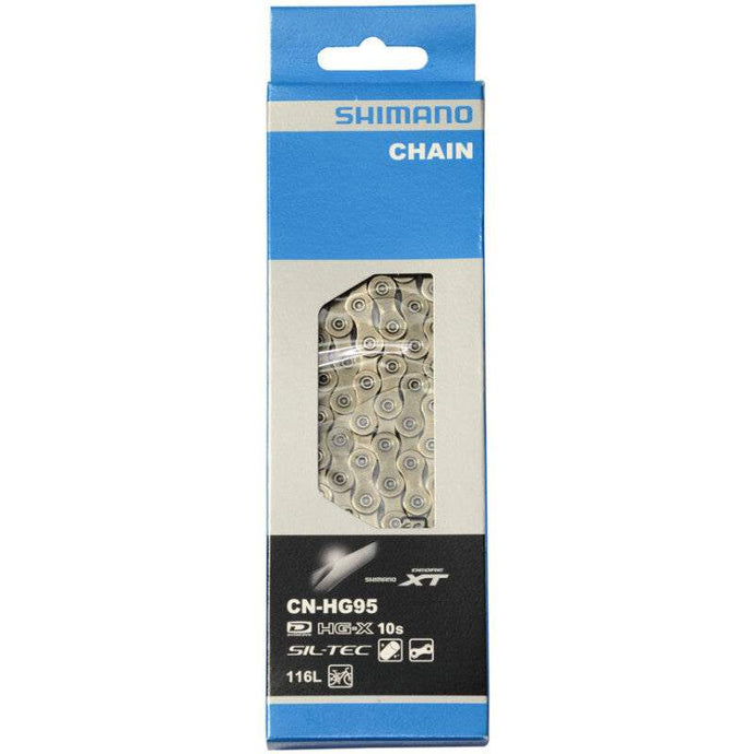 SHIMANO Chain CN-HG95 10-speed 116L Silver in packaging, designed for Dyna-Sys shifting systems.