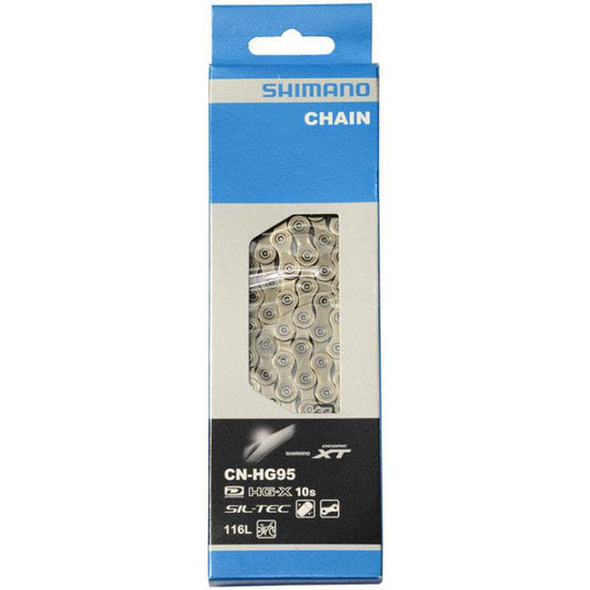 SHIMANO Chain CN-HG95 10-speed 116L Silver in packaging, designed for Dyna-Sys shifting systems.